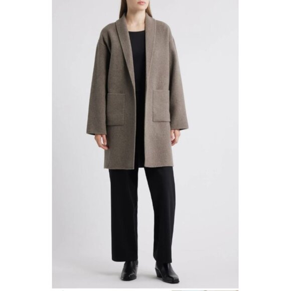 Eileen Fisher Wool Shawl Collar Coat Taupe Open Front Patch Pockets Midi Sm EUC